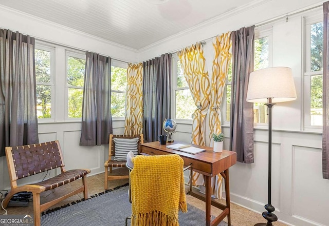 tiled office space featuring crown molding