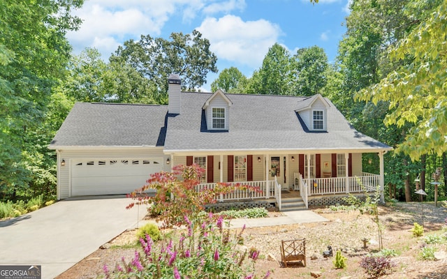 cape cod-style house featuring a garage and covered porch