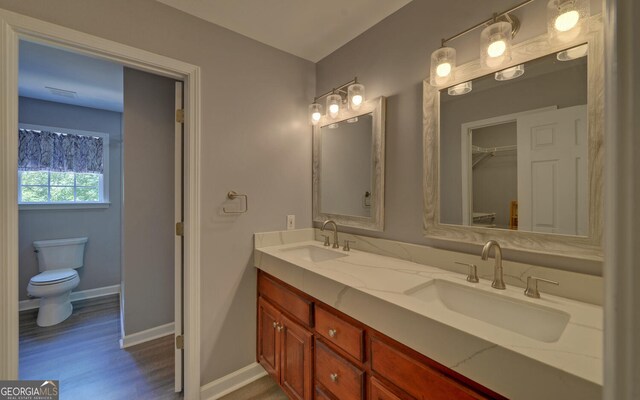 bathroom with hardwood / wood-style floors, toilet, and double sink vanity