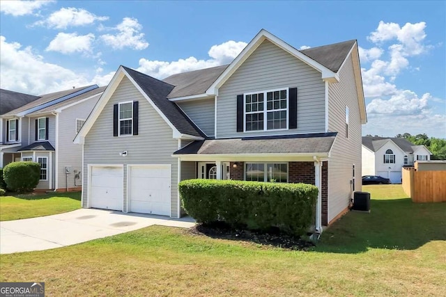 front facade with cooling unit, a garage, and a front lawn