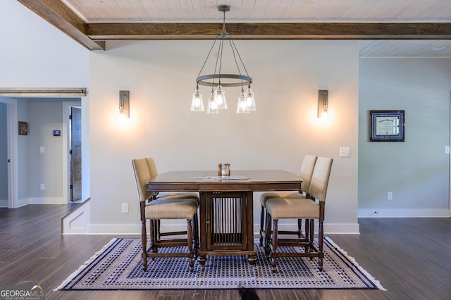 dining room featuring beamed ceiling, wood ceiling, and a notable chandelier