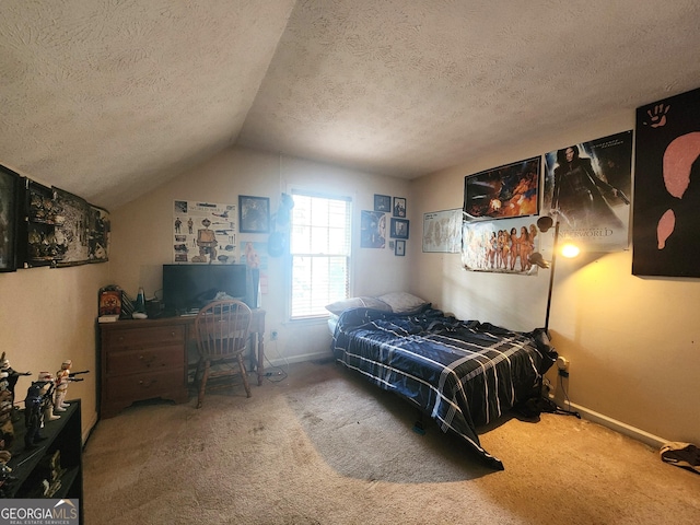 carpeted bedroom featuring lofted ceiling and a textured ceiling