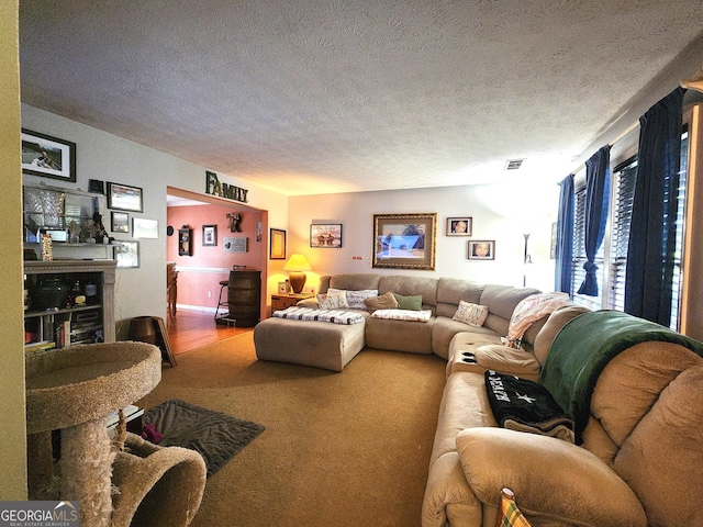 carpeted living room featuring a textured ceiling