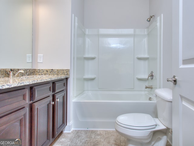 full bathroom featuring tub / shower combination, vanity, tile patterned flooring, and toilet