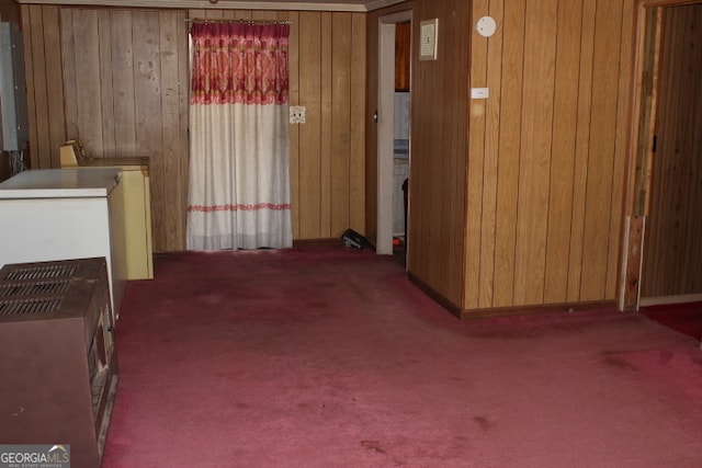 interior space featuring wooden walls and dark carpet