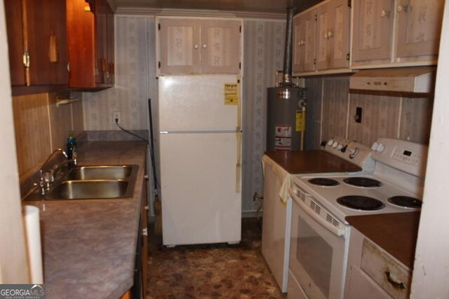 kitchen featuring water heater, white appliances, and sink