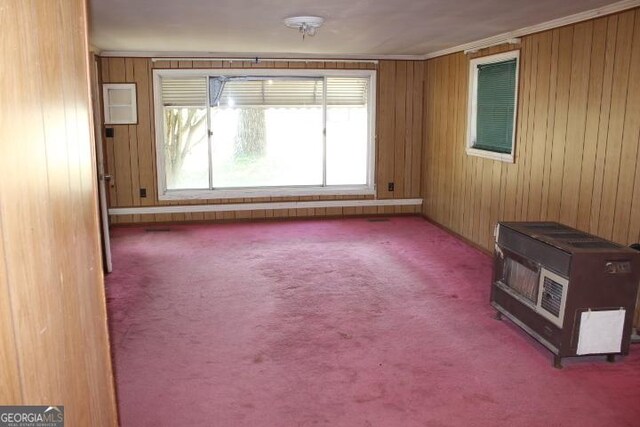 spare room featuring carpet and wood walls