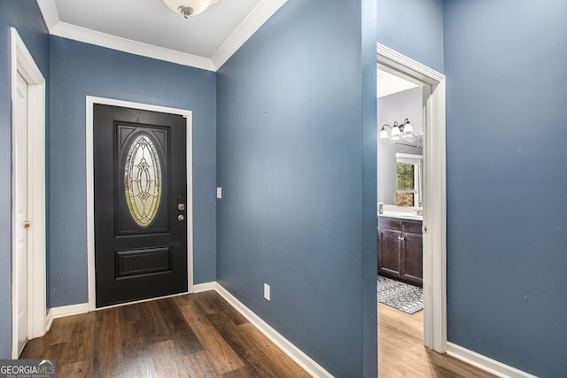 entrance foyer featuring hardwood / wood-style flooring, sink, and crown molding