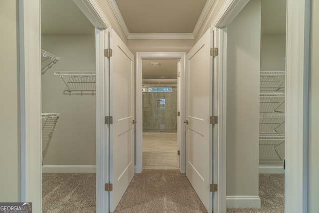 hall with light colored carpet and crown molding