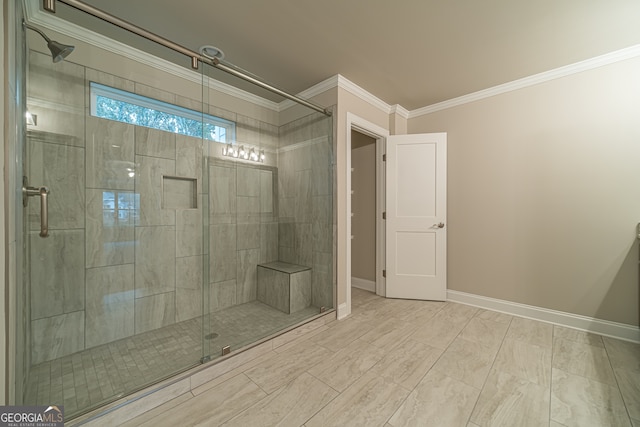 bathroom featuring crown molding, an enclosed shower, and tile patterned flooring