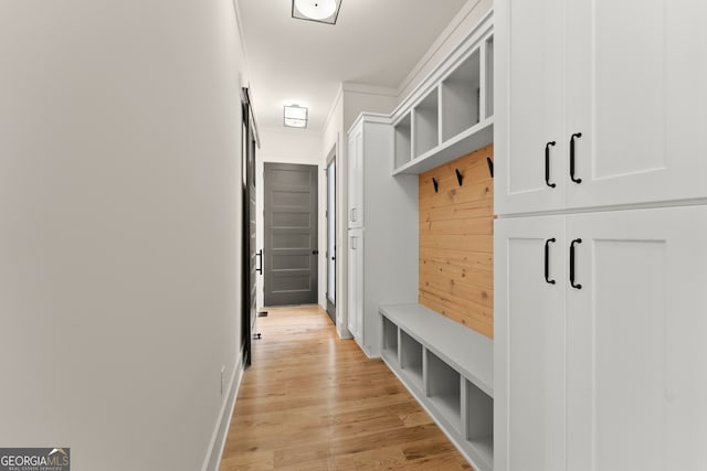 mudroom featuring light hardwood / wood-style flooring and ornamental molding