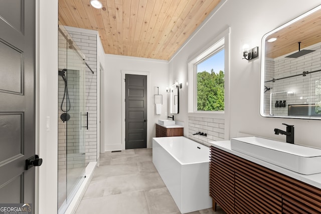 bathroom with separate shower and tub, wood ceiling, ornamental molding, and vanity