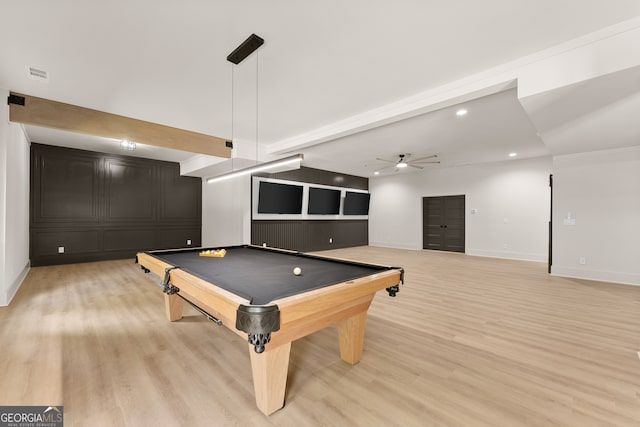 rec room with ceiling fan, pool table, and light hardwood / wood-style floors