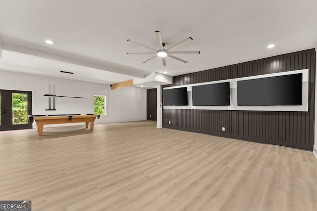 recreation room featuring pool table, plenty of natural light, light hardwood / wood-style floors, and ceiling fan