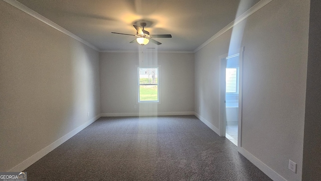 carpeted spare room with ceiling fan and ornamental molding