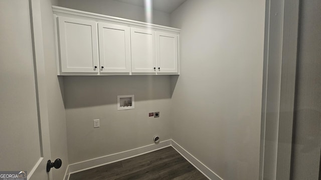 laundry area with cabinets, washer hookup, dark hardwood / wood-style floors, and electric dryer hookup