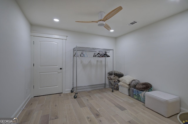 interior space featuring ceiling fan and light hardwood / wood-style floors