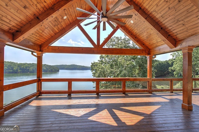 exterior space featuring a deck with water view