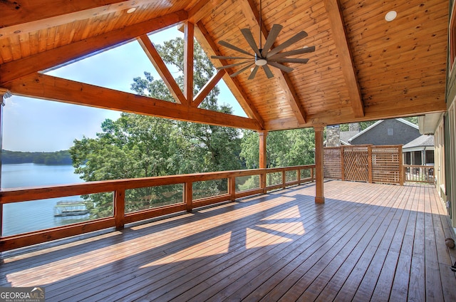 deck with a water view and ceiling fan