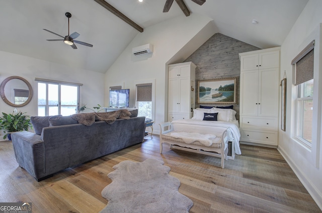 bedroom featuring high vaulted ceiling, beamed ceiling, ceiling fan, light hardwood / wood-style floors, and a wall unit AC