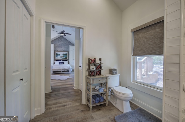 bathroom with wood-type flooring, lofted ceiling, and toilet