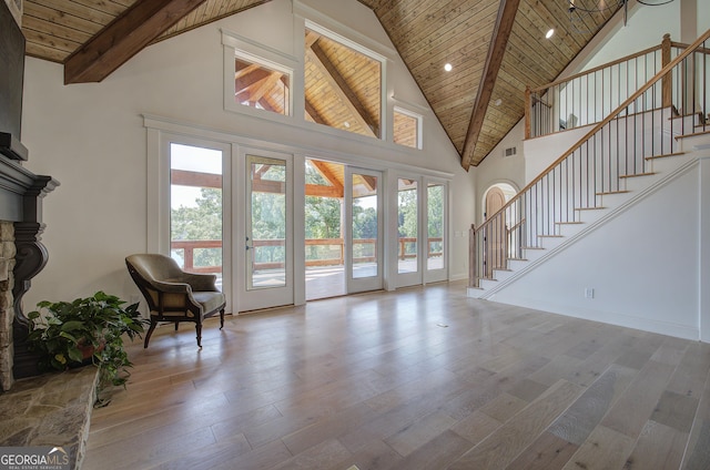 living room with hardwood / wood-style floors, beam ceiling, wooden ceiling, and high vaulted ceiling