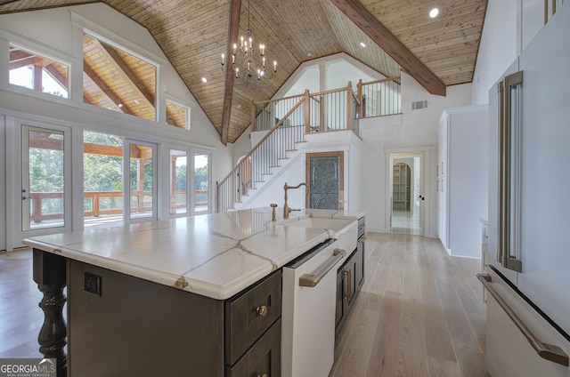 kitchen featuring sink, high end refrigerator, a notable chandelier, wood ceiling, and a center island with sink