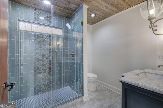 bathroom featuring vanity, an enclosed shower, wood ceiling, and toilet