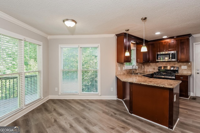 kitchen featuring kitchen peninsula, appliances with stainless steel finishes, light stone counters, crown molding, and hanging light fixtures