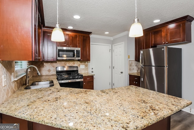 kitchen featuring pendant lighting, sink, kitchen peninsula, and stainless steel appliances