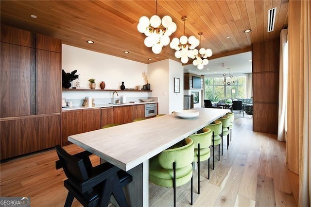 kitchen featuring wood ceiling, a breakfast bar, a notable chandelier, decorative light fixtures, and light wood-type flooring