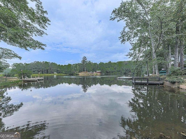 property view of water with a dock and a forest view