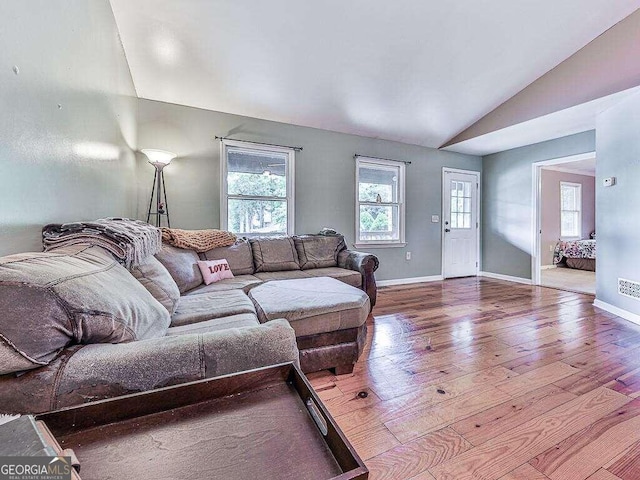 living room with wood-type flooring and vaulted ceiling