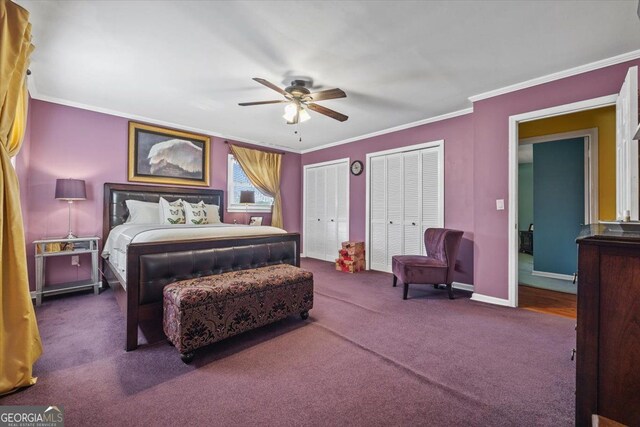 bedroom featuring dark colored carpet, ceiling fan, and crown molding