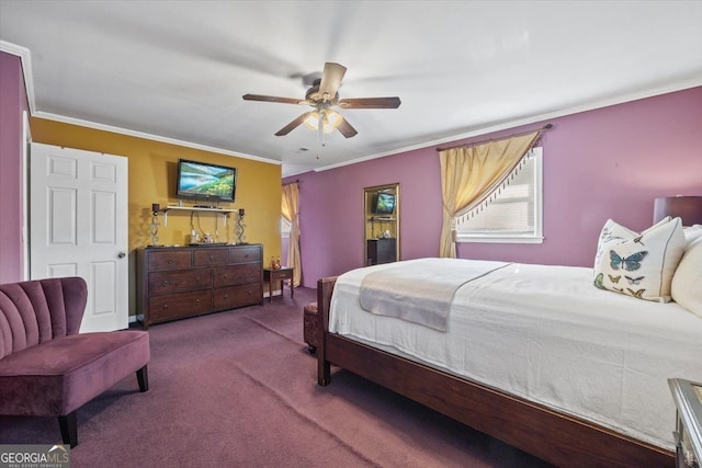 carpeted bedroom featuring crown molding and ceiling fan