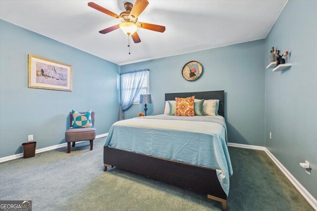 carpeted bedroom featuring ceiling fan