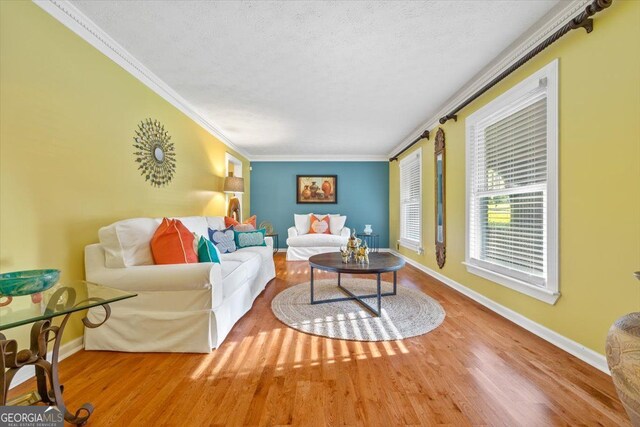 living room featuring crown molding, a textured ceiling, and hardwood / wood-style floors