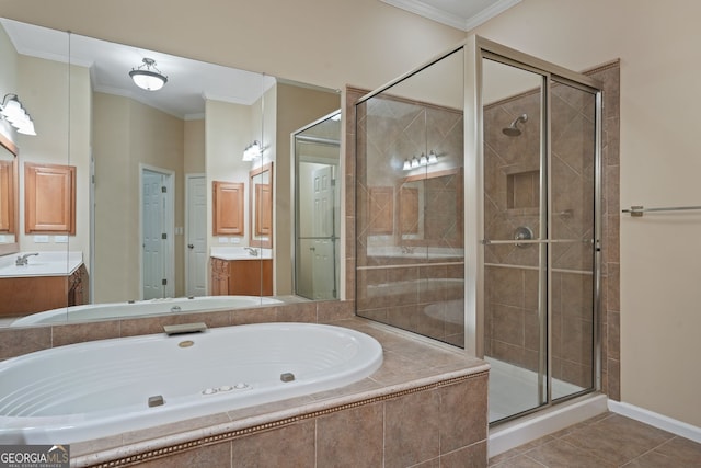 bathroom with crown molding, tile patterned floors, vanity, and plus walk in shower