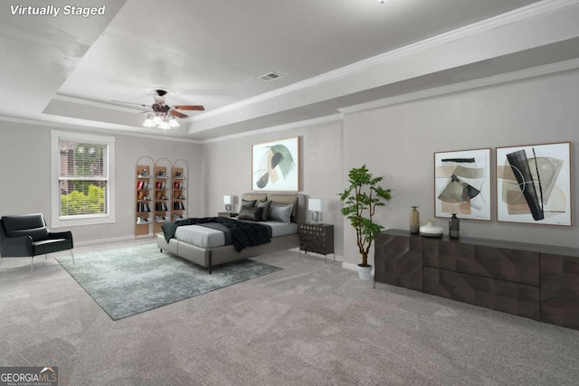 carpeted living room featuring ceiling fan, crown molding, and a tray ceiling