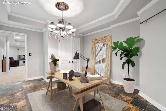 tiled home office featuring an inviting chandelier, crown molding, and a raised ceiling