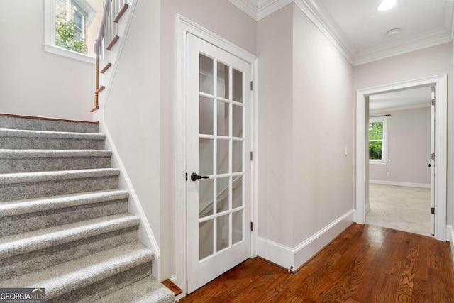 stairs with ornamental molding and dark hardwood / wood-style flooring