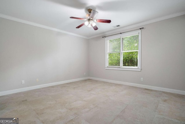 unfurnished room with light tile patterned floors, crown molding, and ceiling fan