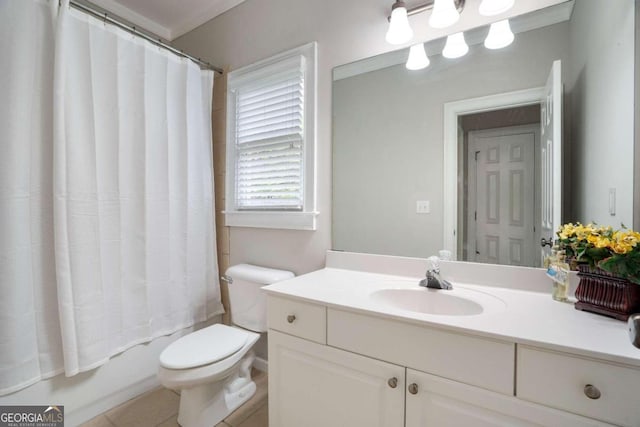 full bathroom featuring vanity, tile patterned flooring, toilet, and shower / bath combination with curtain