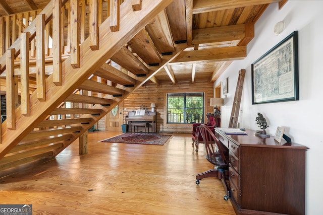 office featuring hardwood / wood-style floors, wood ceiling, wooden walls, and beamed ceiling