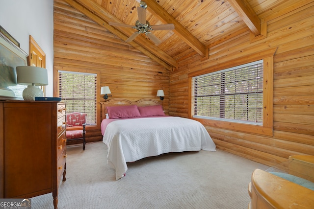 carpeted bedroom featuring multiple windows, high vaulted ceiling, beamed ceiling, and ceiling fan