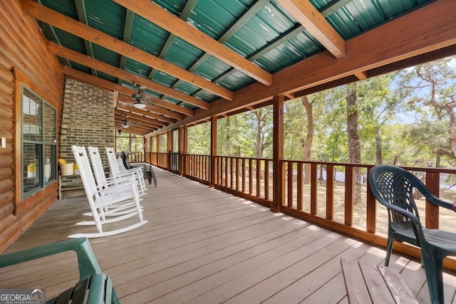 wooden deck with ceiling fan