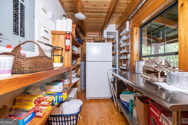 kitchen featuring beamed ceiling, hardwood / wood-style floors, white fridge, electric panel, and wood ceiling