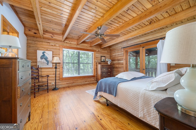 bedroom featuring wood ceiling, beamed ceiling, hardwood / wood-style floors, and multiple windows