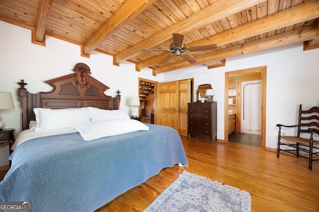 bedroom featuring wood ceiling, wood-type flooring, beam ceiling, and ceiling fan