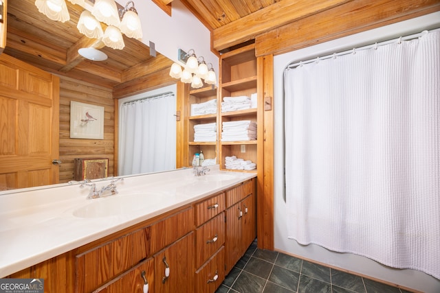 bathroom featuring tile patterned floors, shower / tub combo with curtain, wooden ceiling, and vanity